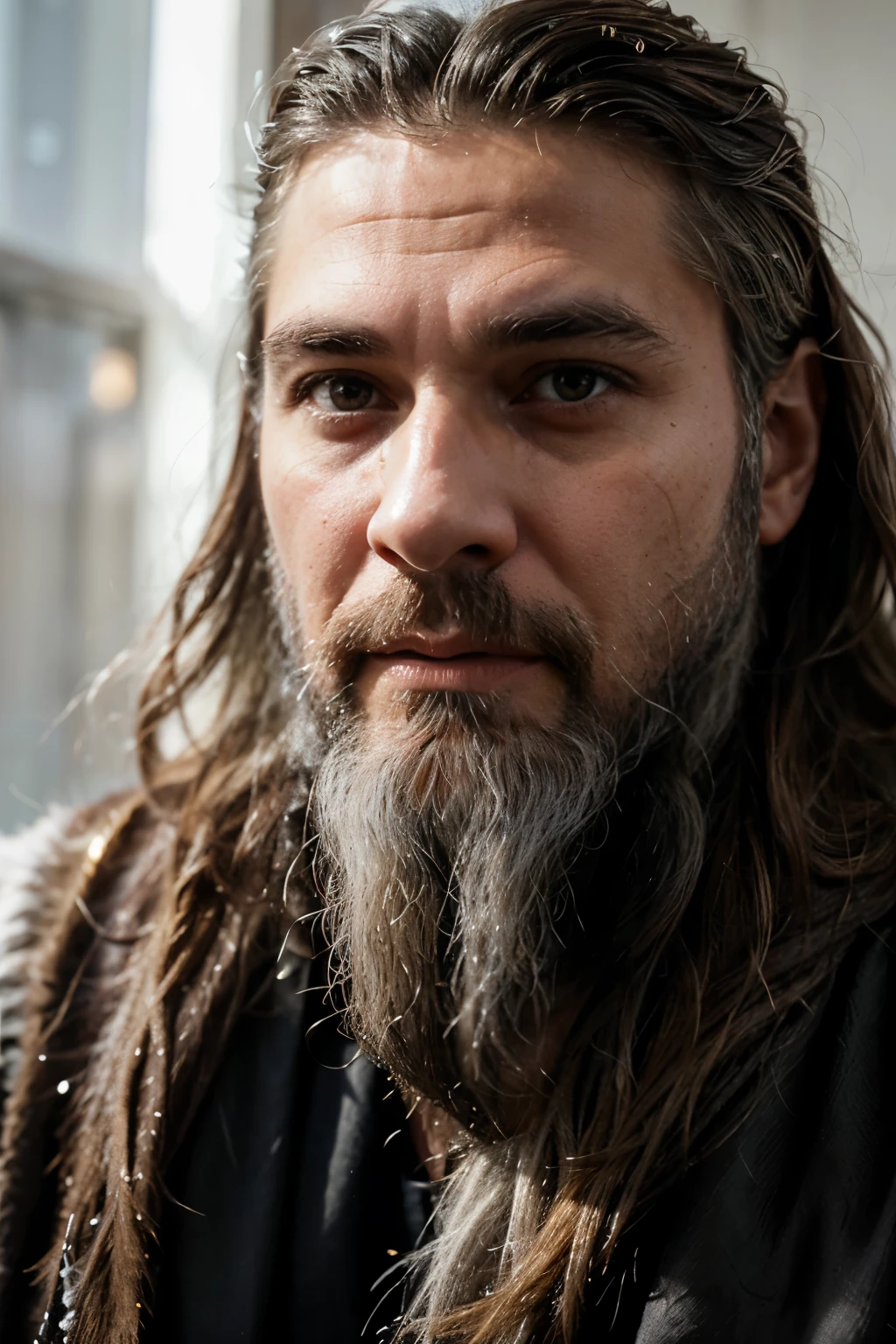 One Alexander Bain looking directly at camera lens, one close to face, best quality, highres, hires, skin definition, detailed skin, detailed deep caring eyes, Oscar Issac, Eddie Cibrian, Liam Neeson, Chris Hemsworth, Clark Gable, Esai Morales, George Clooney, detailed face, (Caucasian:1.5), lifelike, 4k, 8k, (photorealistic:1.5), realistic, uhd, a tall, ((short flowing 4 inch salt and pepper beard and hair)), wearing a cloak. The style of the image is fantastical and epic, with an air of wisdom and power emanating from the character. a man with long hair and a beard, long goatee beard, long white hair and beard, very attractive man with beard, bearded beautiful man, light beard, bearded man, gray hair and beard, man with beard, silver hair and beard, arab man light beard, handsome man