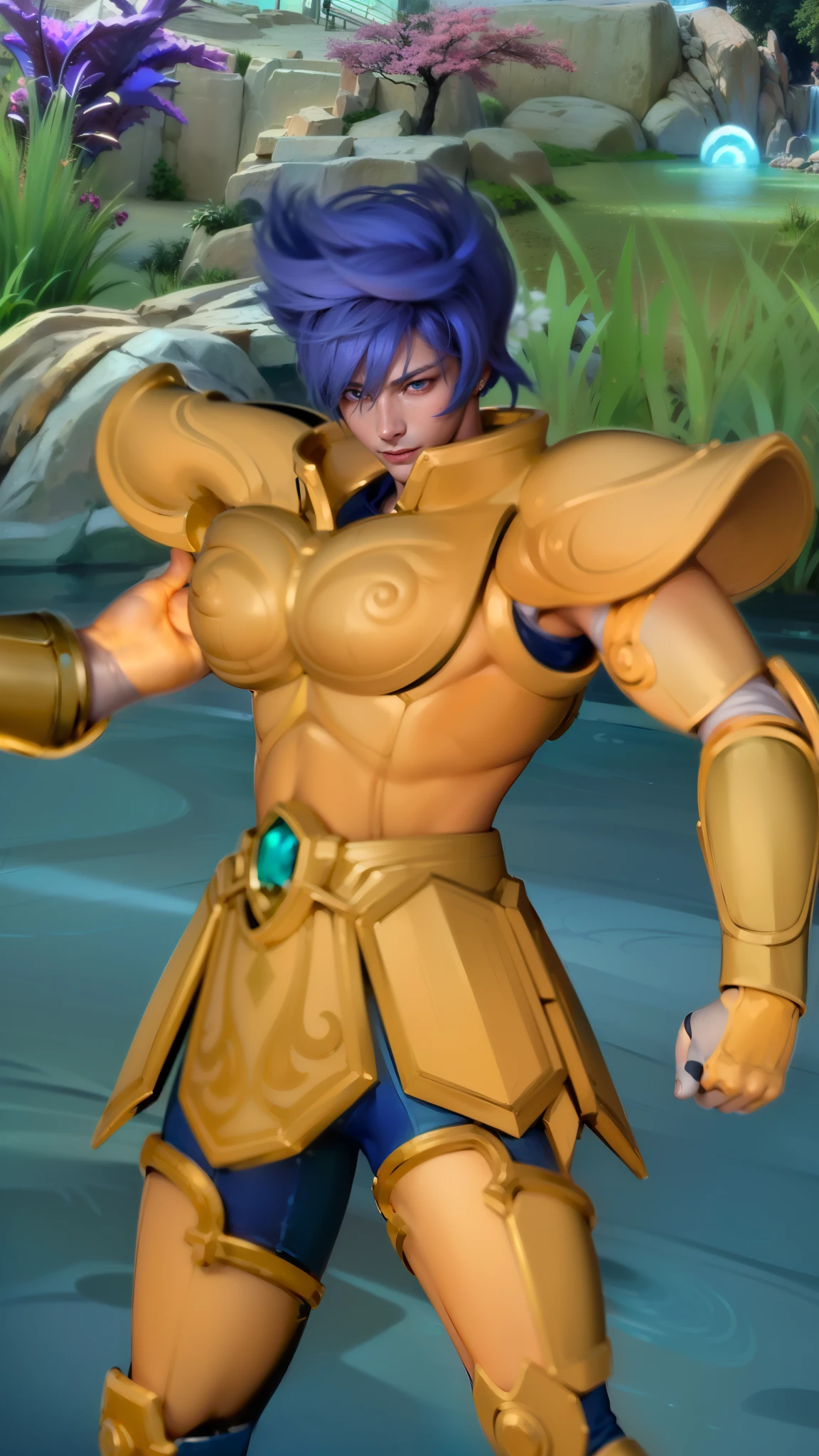 masculine male, masterpiece, ((perfect eyeest quality, (semirealism:1.9), beautiful lighting, (extremely detailed CG unity 4k fhd wallpaper), High Detail, Sharp focus, dramatic outdoors, 1 boy ,19 years old, blue hair, light purpel eyes, smile.