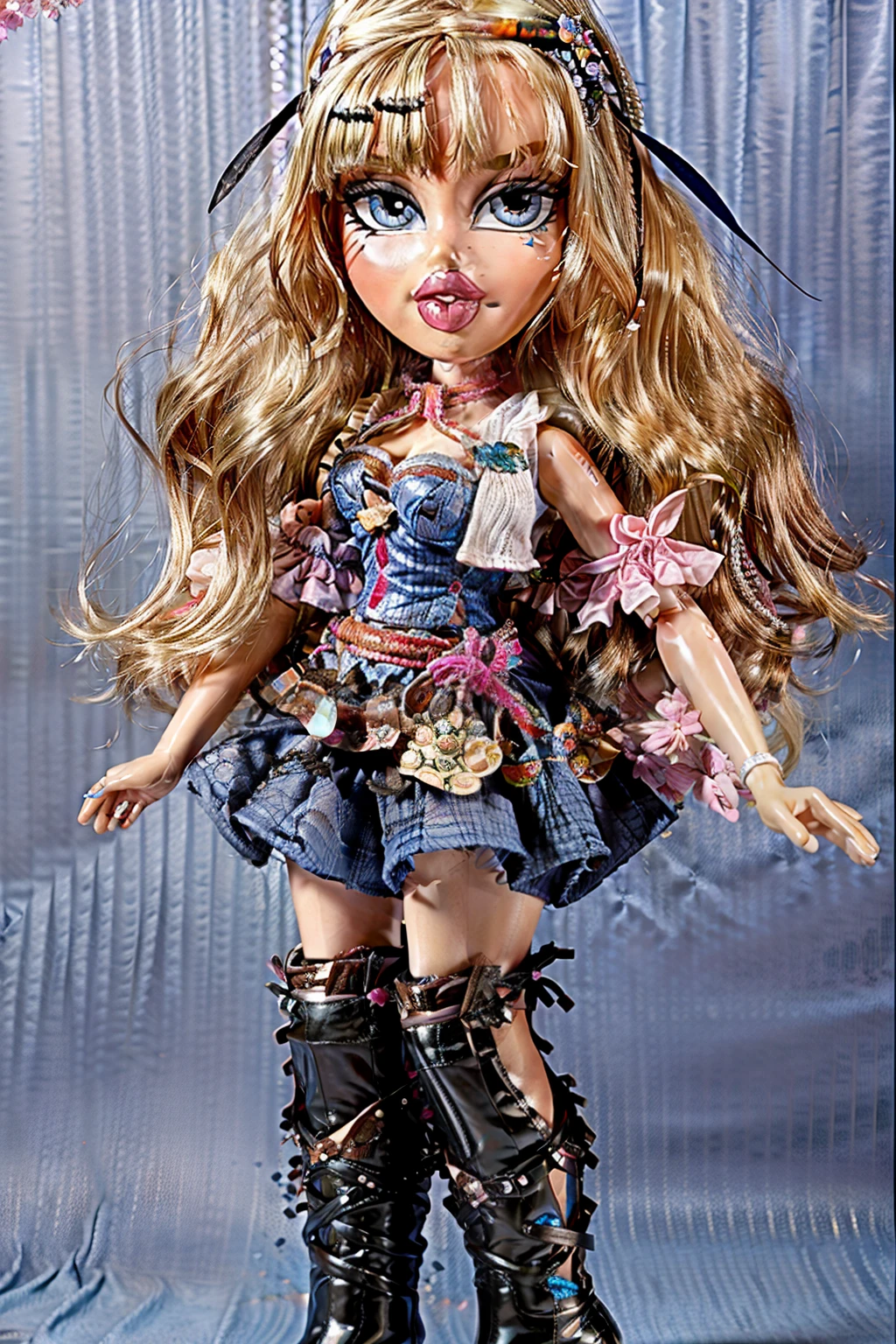 Bratz girl with detailed eyes and big lips and blonde hair , wearing versace colorful flowers dress , full body , plastic skin , doll joints , ,(masterpiece, top quality, best quality, beautiful and aesthetic:1.2), alice margatroid, doll, revealing clothes, big head, 1girl, solo, breasts, curvy, wide hips, narrow waist, joints, doll joints, cleavage, bursting breasts, huge breasts, lips, 1girl,blonde hair, blue eyes, capelet, boots,dress,sash, bow, hair bow, short hair, cross-laced footwear, sunglasses, blue dress, lace-up boots, thigh boots, midriff, full body, high heels, thighhighs