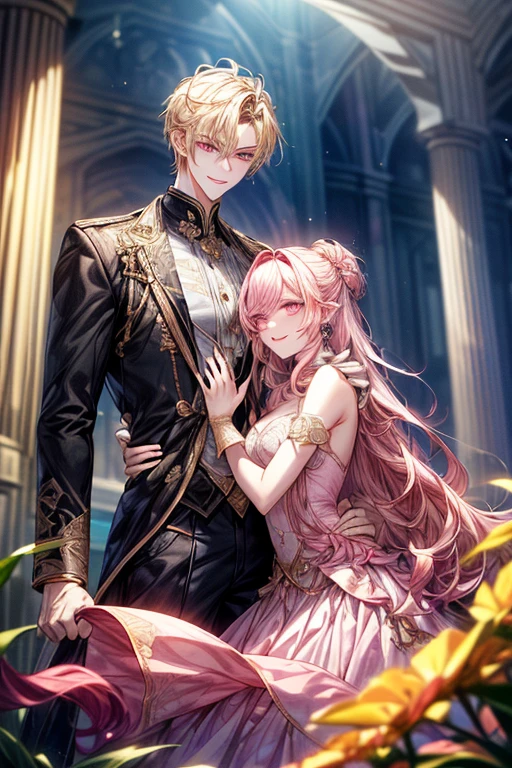 (1male people:Piercing in one ear only,、a blond、Golden Eyes、a smile、tall、tall、Tall、a handsome、refreshing)、(1female:long pink hair、Pink eyes、short、Best style、F-cup)、(((a couple、Flirting)))、a smile、Mare、