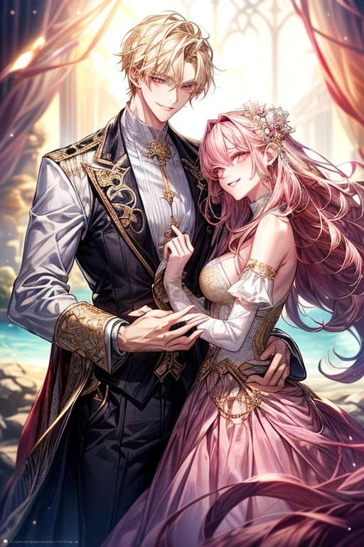 (1male people：Piercing in one ear only,、a blond、Golden Eyes、a smile、tall、tall、Tall、a handsome、refreshing)、(1female：long pink hair、Pink eyes、short、Best style、F-cup)、(((a couple、Flirting)))、a smile、Mare、