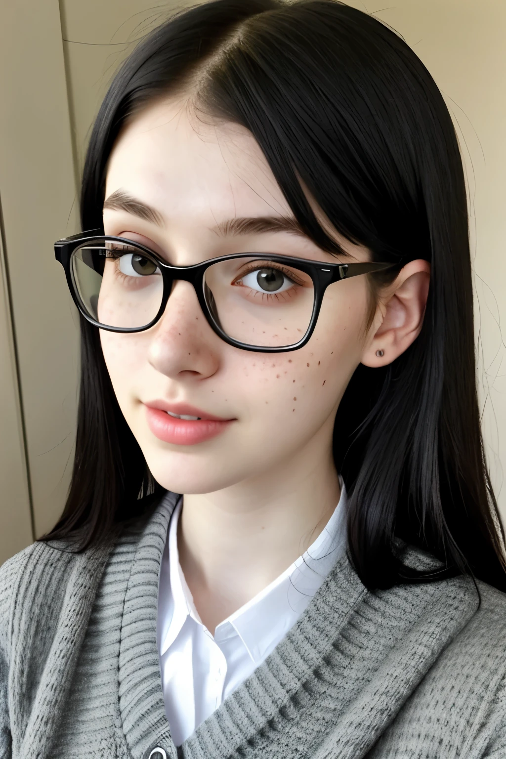 1girl, age 18, solo, caucasian, straight black hair, gray eyes, small freckles, very pale skin, wearing a cardigan, thick black glasses, nerd
