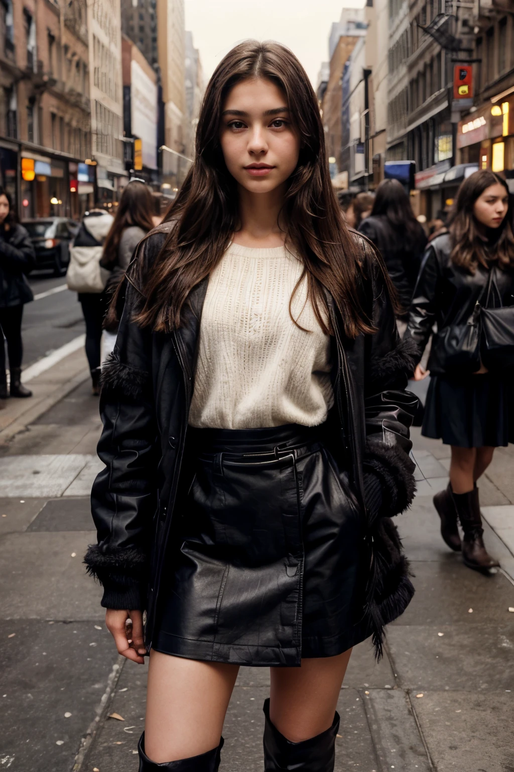 Photo of a 20 year old brunette woman, that has a very natural face, thin lips, thin eyes, thin eyebrows, thin nose, long eyelashes. She stands in a group of people in new york, she wears boots and a black skirt and a fluffy jacket,