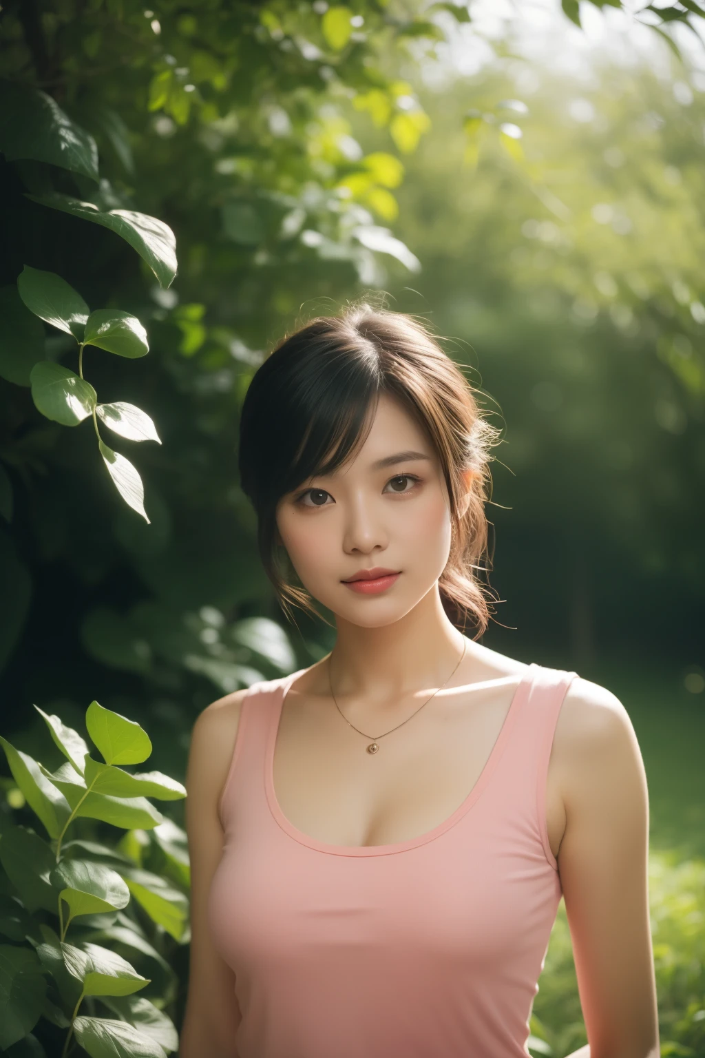 asian lady wear light pink tank top , necklace, small breast, rounded shape breast, ((she)), ((mid-shot, upper body, slender waist)), Hair Up Do、 Glowing eyes, nose blush, Carl Larsson, Alfonse Mucha, Chiaroscuro, Film Glenn, reflective light, (((mid-Shot))), waist to top,longshot show full body, masterpiece, high details, sun light on her, leaf shading, (()) ,