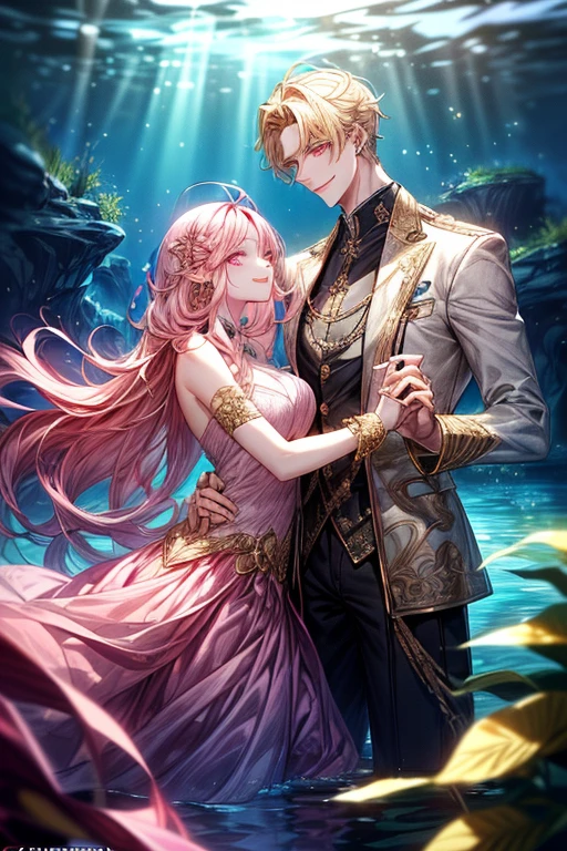 (1male people：Piercing in one ear only,、a blond、Golden Eyes、a smile、tall、tall、Tall、a handsome、refreshing)、(1female：long pink hair、Pink eyes、short、Best style、F-cup)、(((a couple、Flirting)))、a smile、Mare、In the water