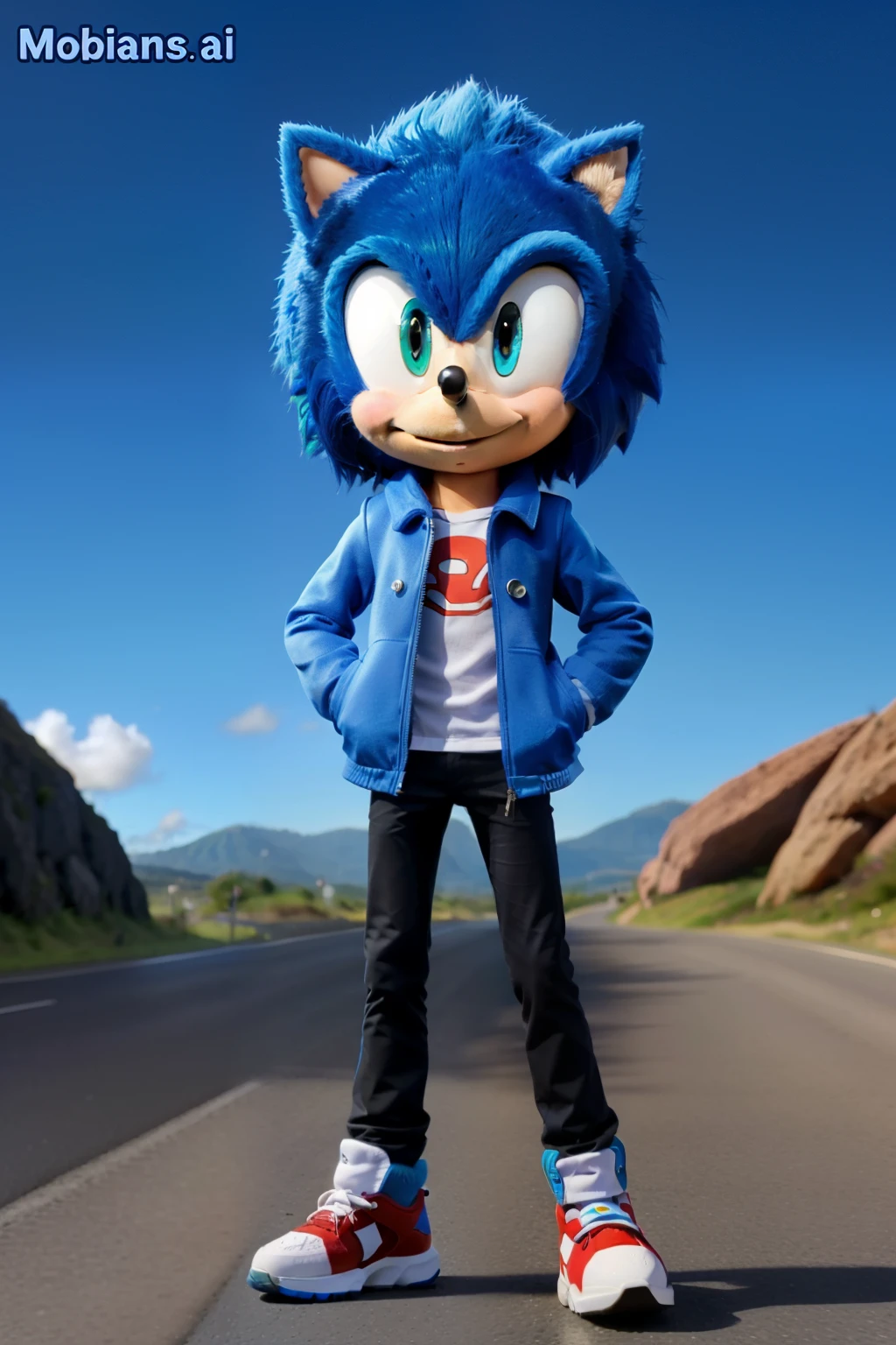 Sónico the hedge character standing on a road with his hands in his pockets, in the new action-movie Sónico, movie Sónico, from Sónico, Sónico the hedgehog, Sónico hedgehog, portrait of Sónico the hedgehog, Sónico the hedgehog in a surreal, um ouriço azul antropomórfico, Sónico, Sónico oc, Sónico game, Sónico looks like he is shocked