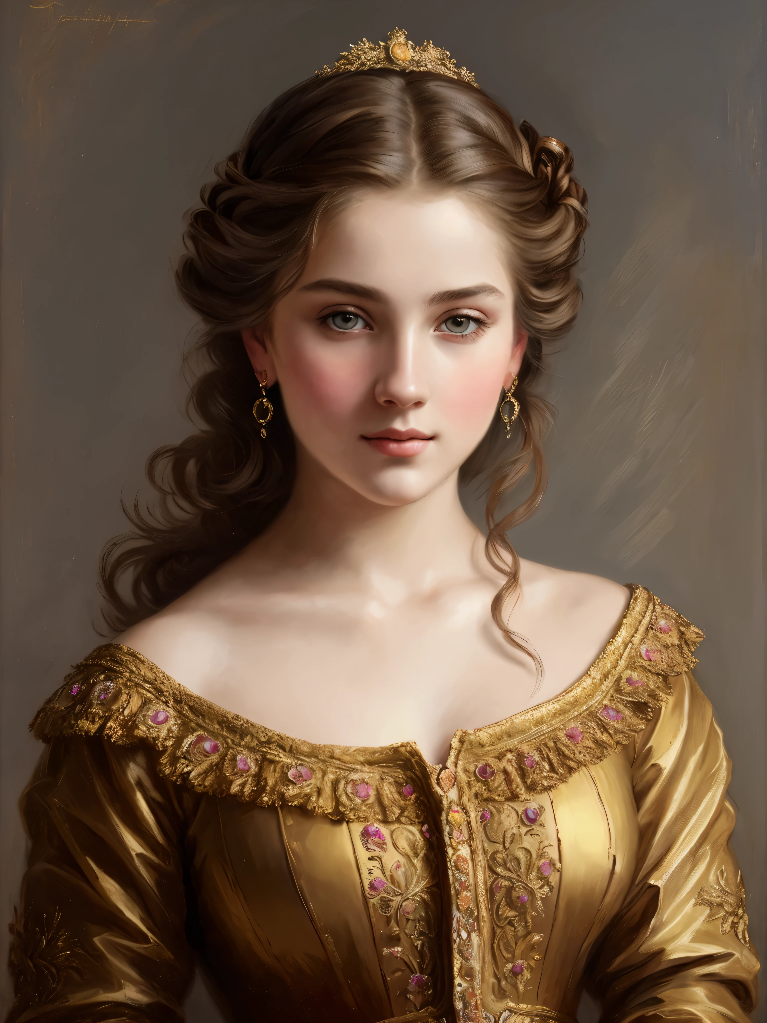portrait, girl, middle ages, classicism, andrey atroshenko style, extremely beautiful Styled Hair, perfect Artwork, highly appreciated, painting, traditional media, realistic, figurative, fine art, oil on canvas, HDR, 8K, original character, high resolution, high detail, focus on the face
