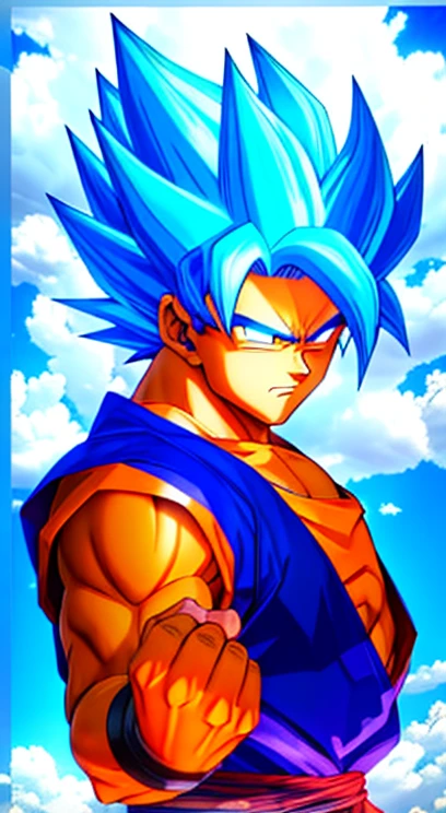 Goku Super Saiyan 2 from Dragon Ball Z anime, heroic Pose, imposing, serious, detailed summer blue sky with white clouds as Background, illustration, Studio Ghibli Anime style, Concept Art, trending on ArtStation, balanced Colors, Cinematic Lighting, (balanced Constrast between Light and Dark), (Intricate, High Quality, Hyper Detailed, Extreme Sharpness), Ambient Occlusion, Octane rendering, ((CGI)), ((8k)), by Akira Toriyama