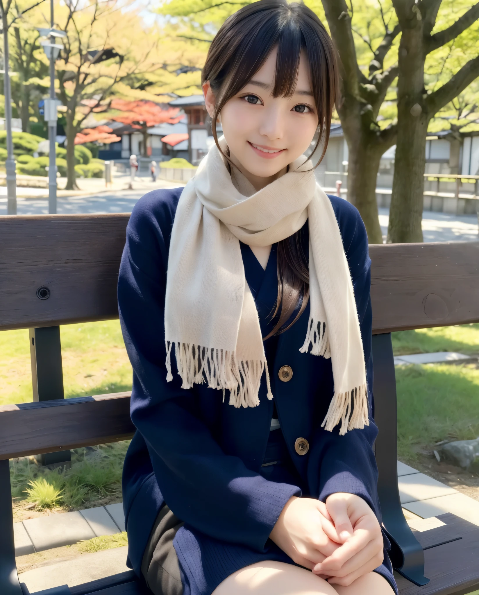 tre anatomically correct,Masterpiece of,High image quality,((Japan hair)),((Natural smile)),((Hair fluttering in the wind)),The ultra-detailliert、High quality textures、intricate detailes、detaileds、非常detailedsなCG、High quality shadows、Detail Beautiful delicate face、Detail Beautiful delicate eyes、depth of fields、Ray traching,1girl in, japanaese girl, Cute, slender,An arafi woman wearing a scarf and sitting on a park bench, a japanese girl, Japan Women Fashion Models, Beautiful young Japan woman, Gorgeous young Japan woman, beautiful japanese female, Japan Girl, real life anime girl, Beautiful Japan Girl, Japanese Models, 美しいjapanaese girlの顔, Young Asian Girl