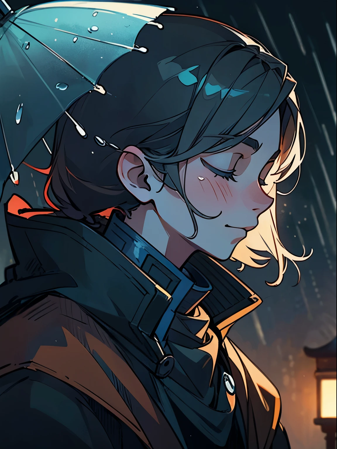 The guy's face is raised up, in profile, A slight smile, covered eyes, it's raining, raindrops on the face, study, detailing, 4k, hd, the night