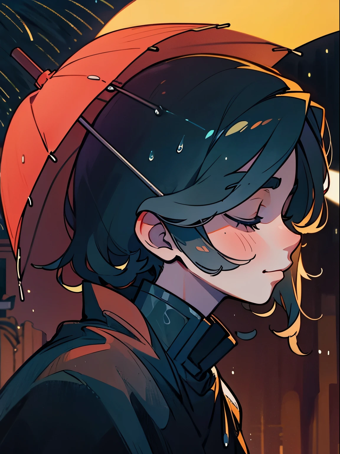 The guy&#39;s face is raised up, in profile, A slight smile, covered eyes, it's raining, raindrops on the face, study, detailing, 4k, hd, the night