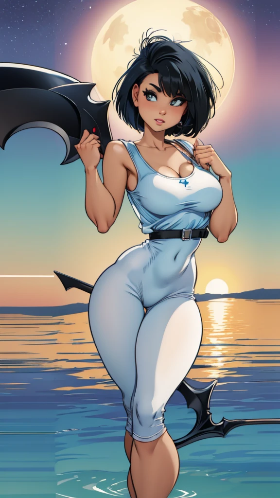 Beautiful girl with short black hair. She is wearing a white tank top and a blue jumpsuit.Another planet background. big tits. He has a scythe in his right hand