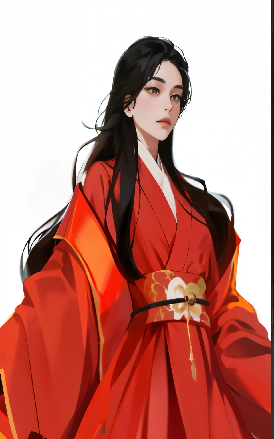 Anime girl in a red kimono with long black hair and a red dress., Painted in anime painter studio, made with anime painter studio, Flowing hair and long coat, Inspiration from Zhibai, Inspired by Lü Ji, royal palace , a girl in hanfu, inspired by Qiu Ying, inspired by Ai Xuan, full body xianxia