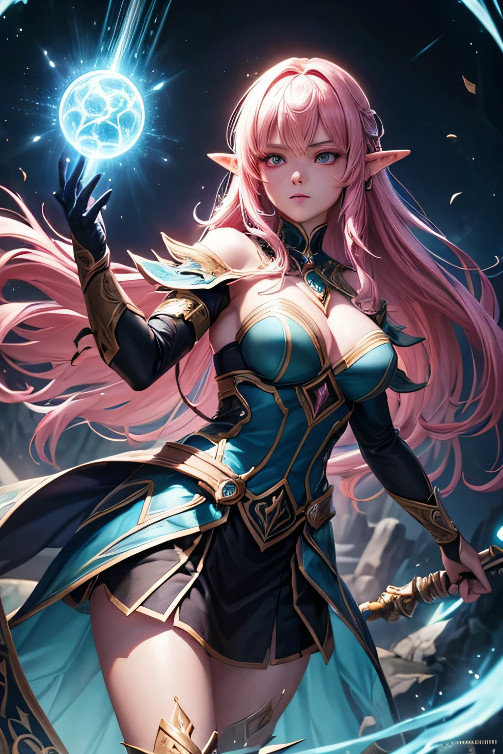 high quality fantasy anime photography, elven sorceress girl casting black energy streak with black light fragments, shooting enemy, emitting from glowing vertical magic circle in front of her magic staff, beautiful face, beautiful eyes, pink hair, highly detailed, vibrant appearance, creative behavior, extremly detailed, imaginative, , spontaneous, highest quality, skin texture, intricate details, (cinematic lighting), RAW photo, 8k, masterpiece,best quality,ultra-detailed,very detailed illustrations,extremely detailed,intricate details,highres,super complex details,extremely detailed 8k cg wallpaper,