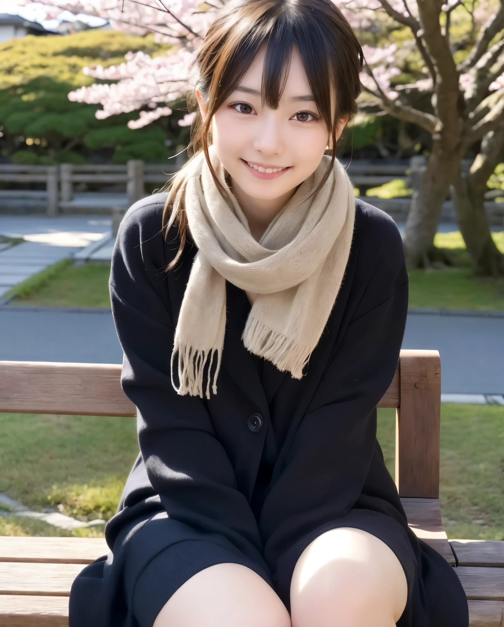 tre anatomically correct,Masterpiece of,High image quality,((Japan hair)),((Natural smile)),((Hair fluttering in the wind)),The ultra-detailliert、High quality textures、intricate detailes、detaileds、非常detailedsなCG、High quality shadows、Detail Beautiful delicate face、Detail Beautiful delicate eyes、depth of fields、Ray traching,1girl in, japanaese girl, Cute, slender,An arafi woman wearing a scarf and sitting on a park bench, a japanese girl, Japan Women Fashion Models, Beautiful young Japan woman, Gorgeous young Japan woman, beautiful japanese female, Japan Girl, real life anime girl, Beautiful Japan Girl, Japanese Models, 美しいjapanaese girlの顔, Young Asian Girl