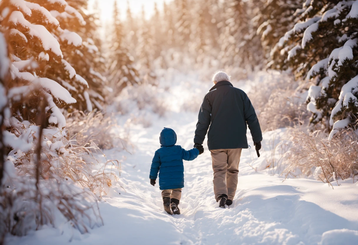 (a grandfather with his grandson holding his hand takes him for a walk on a snowy mountain trail)
best quality,4k,8k,highres,masterpiece:1.2, ultra-detailed, realistic:1.37, HDR, studio lighting, extreme detail description, vivid colors, bokeh, portraits, landscape, oil painting, snowy scene, winter wonderland, serene atmosphere, gentle snowfall, snowy peaks, towering mountains, fresh white snow, cold breeze, warm clothing, red scarf, happy faces, joyful expressions, hand in hand, loving bond, intergenerational connection, protective presence, beautiful snowy backdrop, footsteps in the snow, peaceful silence, untouched nature, pristine beauty, soft sunlight, shadows on the snow, crisp air, breath visible, snow-covered trees, distant views, cozy winter adventure, mountain exploration, snowy adventure with grandpa, cherished memories, magical winter scene, grandpa's footsteps, small footprints in the snow, snowy path leading into the distance.