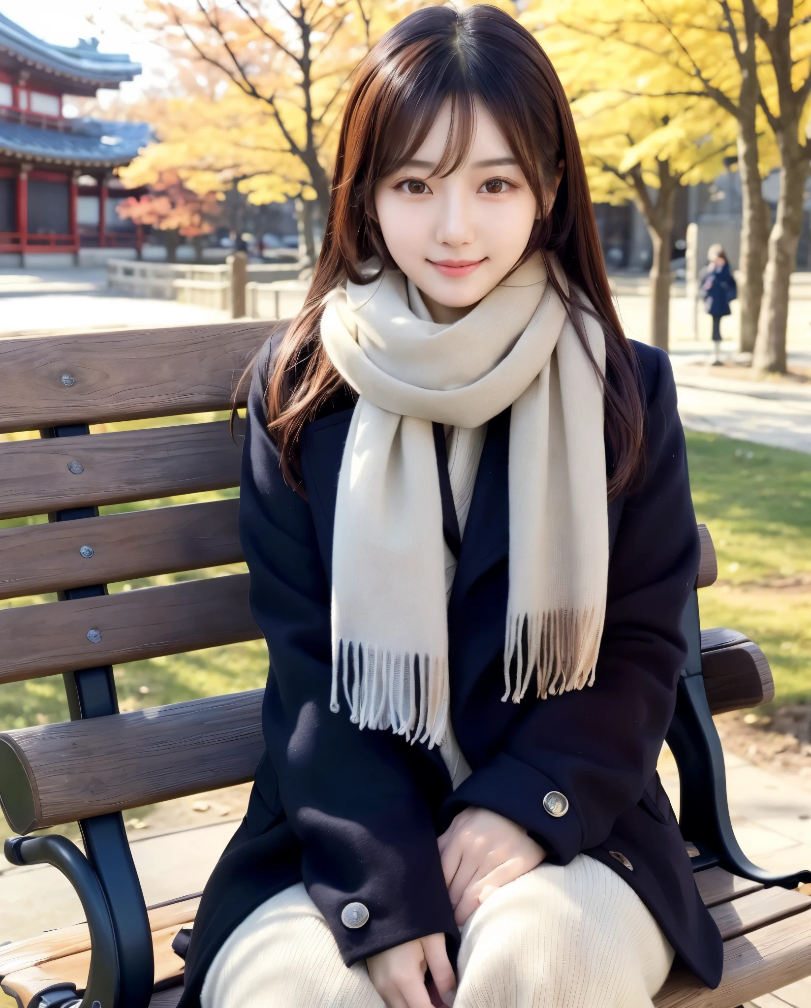 An arafi woman wearing a scarf and sitting on a park bench, Korean Girl, korean female fashion model, Beautiful young Korean woman, Korean Woman, Gorgeous young Korean woman, beautiful Korean women, Chinese girl, real life anime girl, Beautiful Asian Girl, Japanese Models, the face of a beautiful Japanese girl, Young Asian Girl