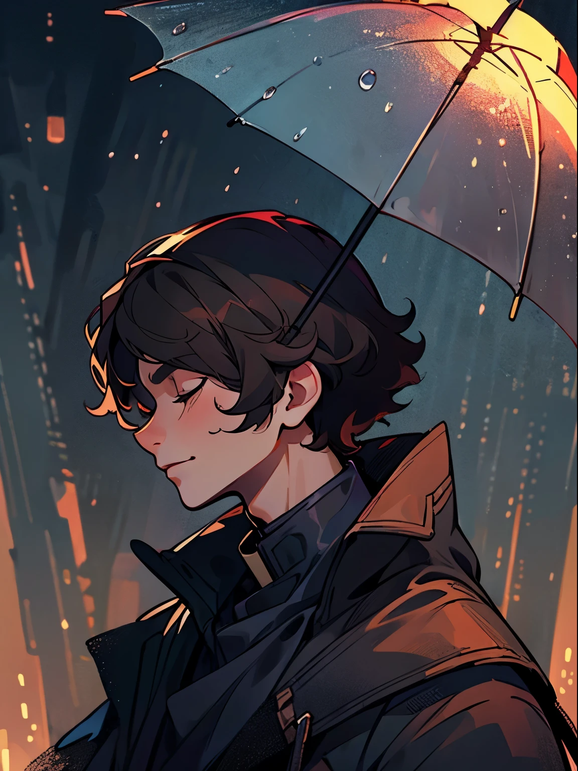 Guy with dark hair, Face up, in profile, A slight smile, covered eyes, it's raining, raindrops on the face, study, detailing, 4k, hd, the night