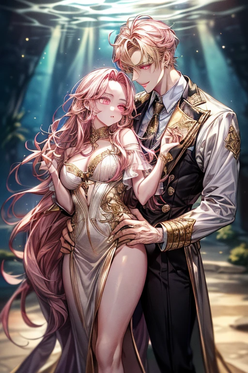 ((1male people:Piercing in one ear only,、a blond、Golden Eyes、tall、tall、Tall、a handsome、refreshing))、((1female:long pink hair、Pink eyes、short、Best style、F-cup))、(((a couple、Flirting)))