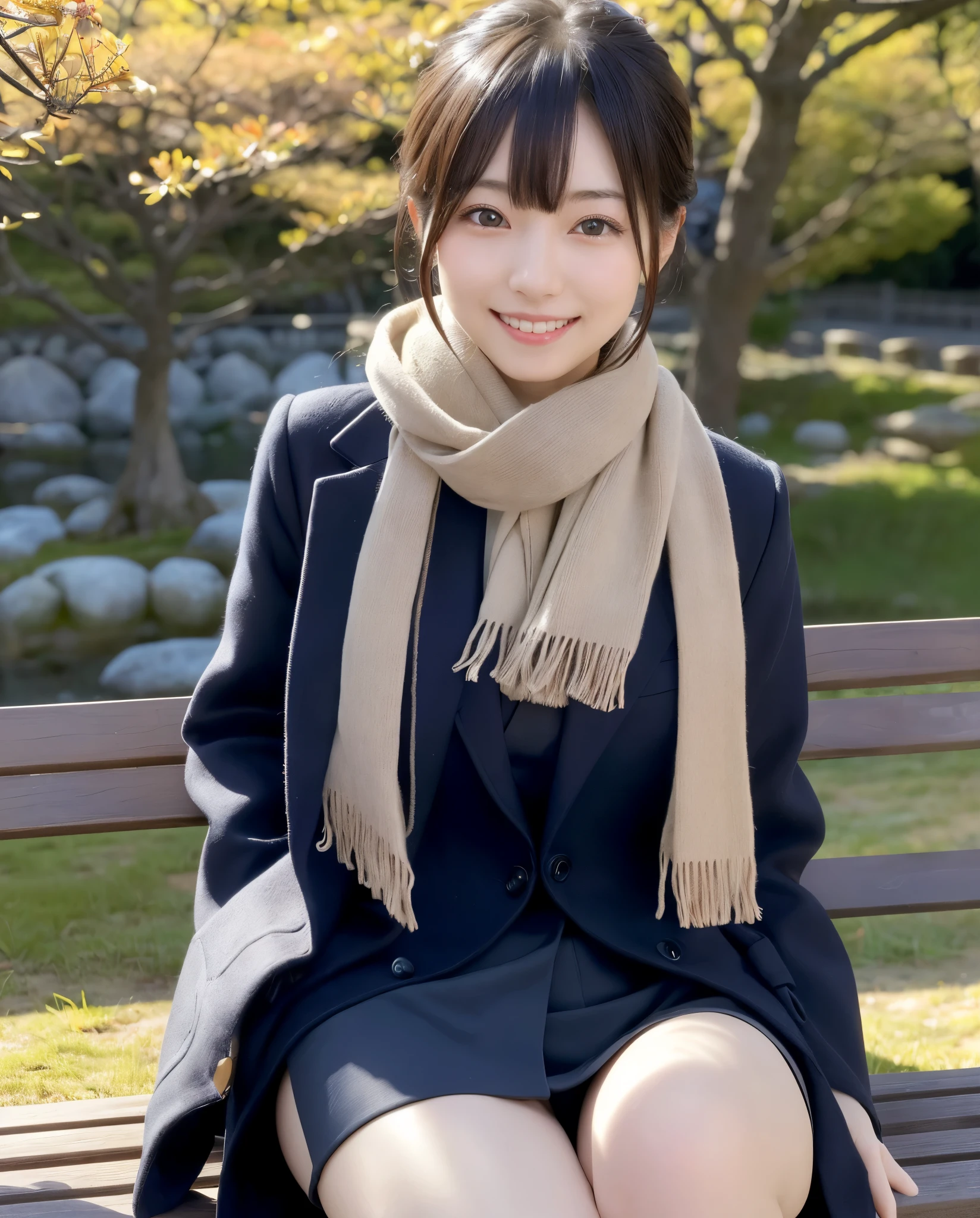tre anatomically correct,Masterpiece of,High image quality,((Japan hair)),((Natural smile)),((Hair fluttering in the wind)),The ultra-detailliert、High quality textures、intricate detailes、detaileds、非常detailedsなCG、High quality shadows、Detail Beautiful delicate face、Detail Beautiful delicate eyes、depth of fields、Ray traching,1girl in, japanaese girl, Cute, slender,An arafi woman wearing a scarf and sitting on a park bench, coat、a miniskirt、a japanese girl, Japan Women Fashion Models, Beautiful young Japan woman, Gorgeous young Japan woman, beautiful japanese female, Japan Girl, real life anime girl, Beautiful Japan Girl, Japanese Models, 美しいjapanaese girlの顔, Young Asian Girl