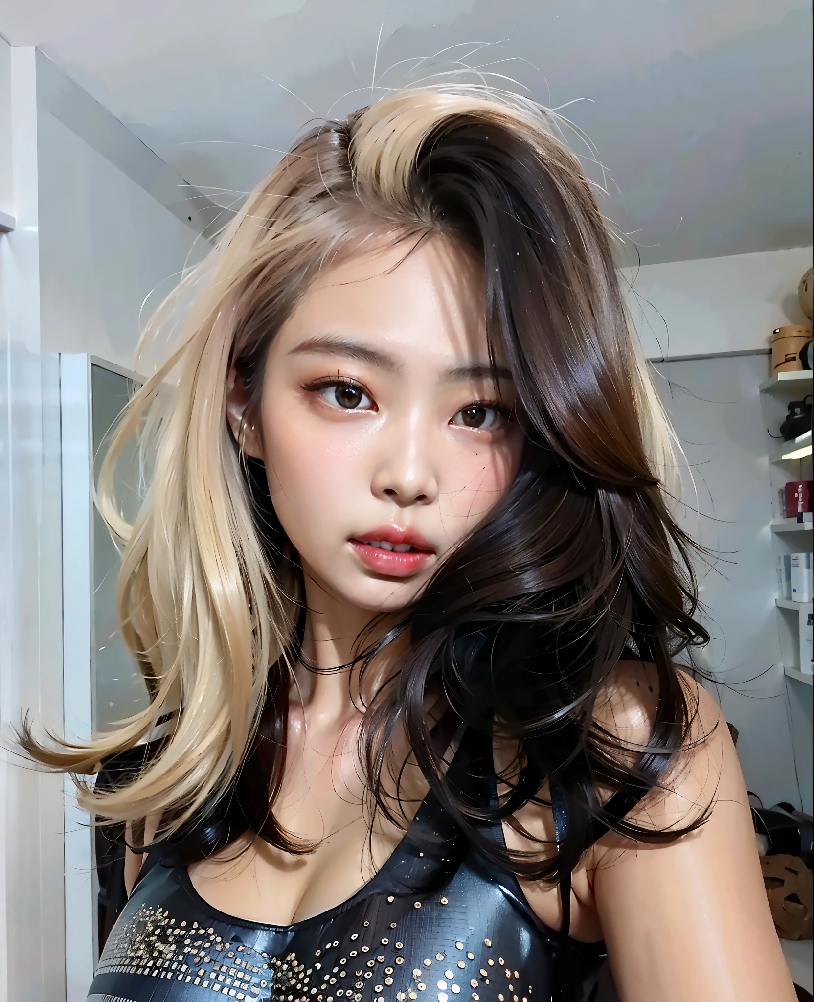 mulher arrogante com cabelos longos e um top preto posando para uma C foto, metade asian, morena com cabelos loiros tingidos, Loish e Ross Tran, Fotografia selfie 8k, metade & metade hair, cabelo de duas cores, Asian face, Modelo IG | Artgerm, rosto sexy com maquiagem completa, pale hair, detailed face of a asian girl, her hair is white