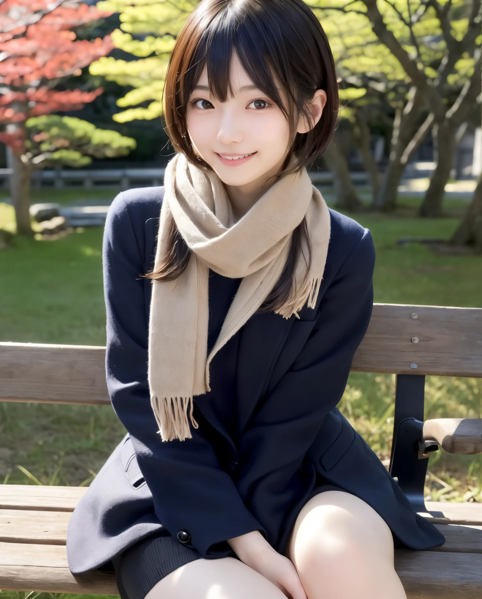tre anatomically correct,Masterpiece of,High image quality,((Japan hair)),((Natural smile)),((Hair fluttering in the wind)),The ultra-detailliert、High quality textures、intricate detailes、detaileds、非常detailedsなCG、High quality shadows、Detail Beautiful delicate face、Detail Beautiful delicate eyes、depth of fields、Ray traching,1girl in, japanaese girl, Cute, slender,An arafi woman wearing a scarf and sitting on a park bench, coat、a miniskirt、a japanese girl, Japan Women Fashion Models, Beautiful young Japan woman, Gorgeous young Japan woman, beautiful japanese female, Japan Girl, real life anime girl, Beautiful Japan Girl, Japanese Models, 美しいjapanaese girlの顔, Young Asian Girl