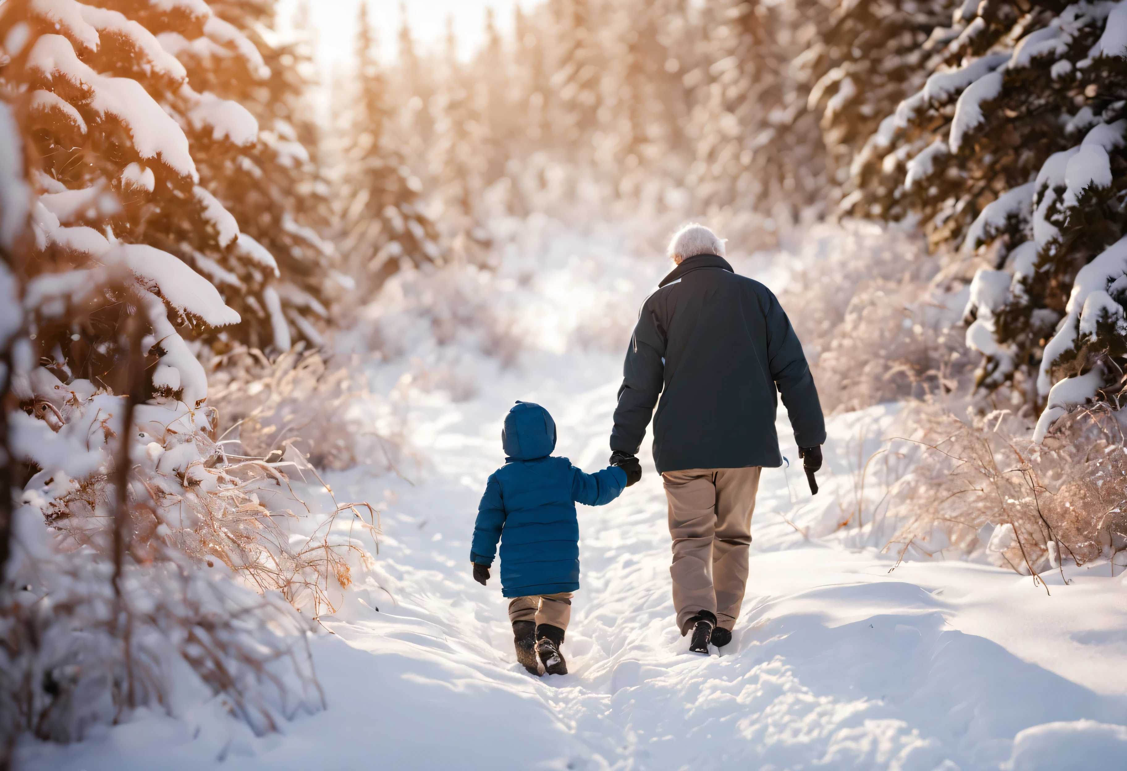 (a grandfather with his grandson holding his hand takes him for a walk on a snowy mountain trail)
best quality,4k,8k,highres,masterpiece:1.2, ultra-detailed, realistic:1.37, HDR, studio lighting, extreme detail description, vivid colors, bokeh, portraits, landscape, oil painting, snowy scene, winter wonderland, serene atmosphere, gentle snowfall, snowy peaks, towering mountains, fresh white snow, cold breeze, warm clothing, red scarf, happy faces, joyful expressions, hand in hand, loving bond, intergenerational connection, protective presence, beautiful snowy backdrop, footsteps in the snow, peaceful silence, untouched nature, pristine beauty, soft sunlight, shadows on the snow, crisp air, breath visible, snow-covered trees, distant views, cozy winter adventure, mountain exploration, snowy adventure with grandpa, cherished memories, magical winter scene, grandpa's footsteps, small footprints in the snow, snowy path leading into the distance.