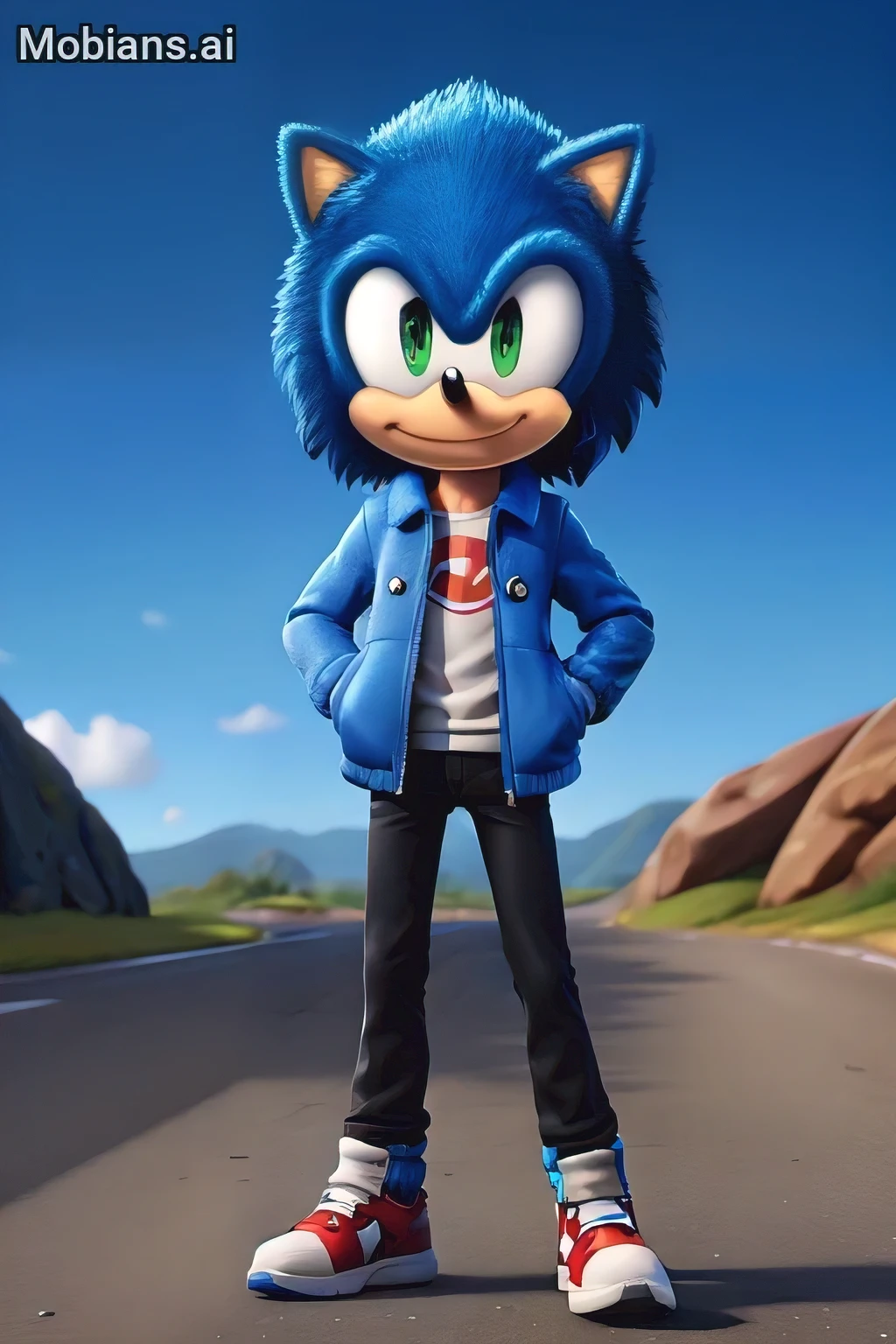 Sônico the hedge character standing on a road with his hands in his pockets, in the new action-movie Sônico, movie Sônico, from Sônico, Sônico the hedgehog, Sônico hedgehog, portrait of Sônico the hedgehog, Sônico the hedgehog in a surreal, um ouriço azul antropomórfico, Sônico, Sônico oc, Sônico game, Sônico looks like he is shocked