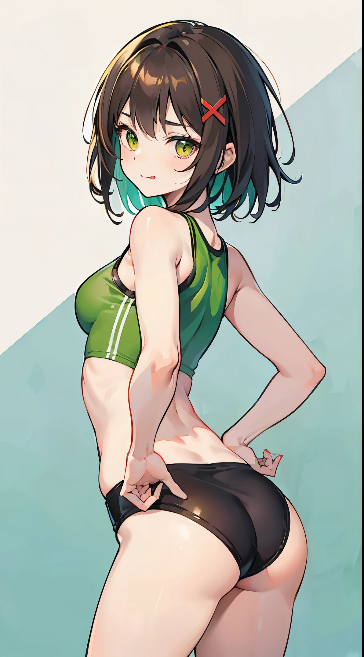 Under the legend,Chara,age girl,sexy for,green color,short crop top,hot pant,Stalling's gull body standing painting,lacivious pose,with short brown hair,The face is red,Underwear model,lust,Hand repair,the detail,X-rated, The clothes ar,k hd,no underwares,ssmile, television show,Upturned buttocks,out your tongue,Playful