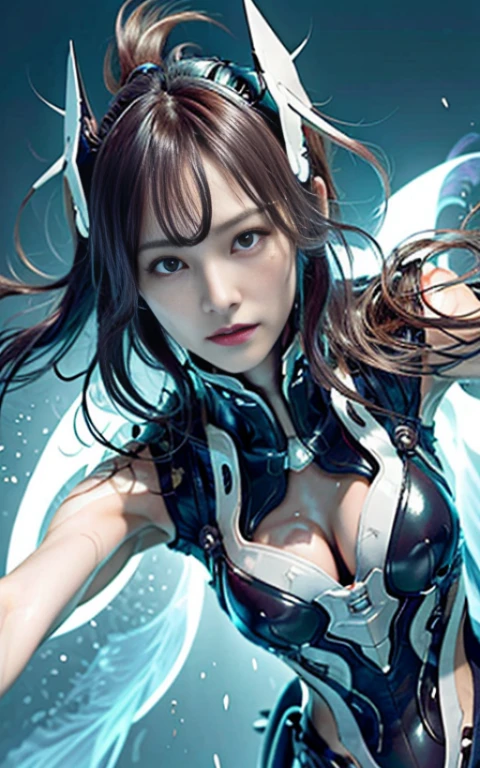 masterpiece, top-quality, hightquality, (the future:1.1), (Akane Cyberpunk Suit), movie lightquisite future), Beautiful and beautiful, ultra-detailliert, amazing composition, floating, depth of fieldtremely details CG,Unity 8k壁纸), (beautiful detail background), beautiful hair details, dramatic lights, gogetta, mechs,Best Quality,超A high resolution,photoRealstic,tits out,cleavage of the breast,(Hair that flutters in the winle from directly above)),(Looking at the camera),(Fashion poses),((thunder)),(Very strong wind),(Hair fluttering in strong wind),Light Measure,run,splatters