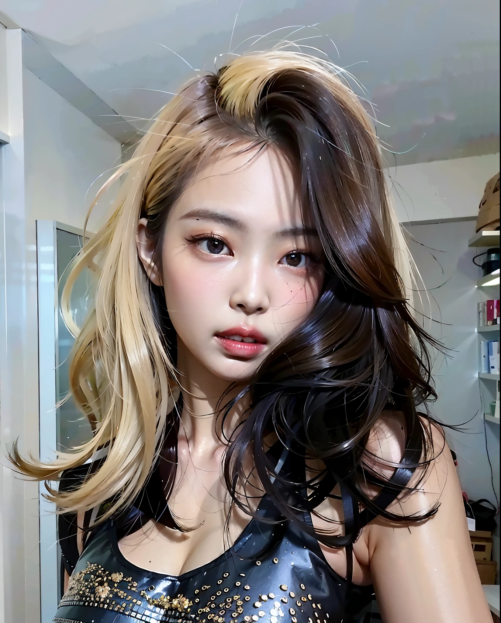 mulher arrogante com cabelos longos e um top preto posando para uma C foto, metade asian, morena com cabelos loiros tingidos, Loish e Ross Tran, Fotografia selfie 8k, metade & metade hair, cabelo de duas cores, Asian face, Modelo IG | Artgerm, rosto sexy com maquiagem completa, pale hair, detailed face of a asian girl, her hair is white