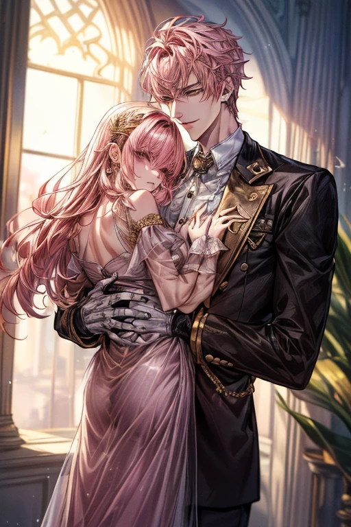 ((1male people：Piercing in one ear only,、Golden hair、tall、tall、Tall、a handsome、refreshing))、((1female：Pink hair、Long、short、Best style、F-cup、Sheer dress))、(((a couple、Flirting)))、