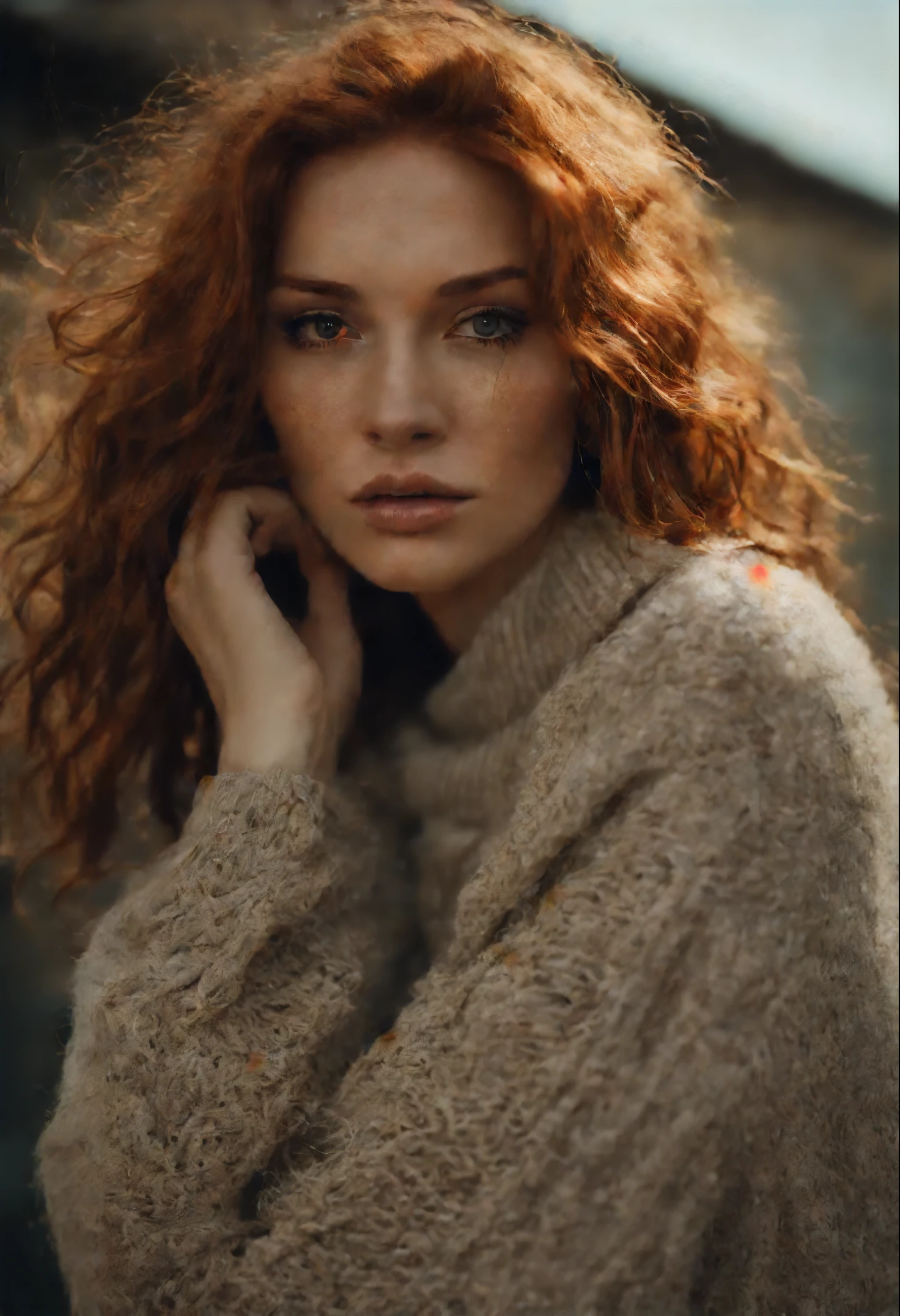 ((Full-Body Shot)),a photo of a gorgeous woman with loose styled full wavy redhead hair, bored, she is wearing a modern style hiclass knitted sweater, , mascara, (textured skin, skin pores:1.2), (moles:0.8), (imperfect skin:1.1), intricate details, goosebumps, flawless face, (light freckles:0.9), ((photorealistic):1.1), (raw, 8k:1.2), dark, muted colors, slate atmosphere, RAW candid cinema, 16mm, color graded portra 400 film, remarkable color, ultra realistic, textured skin, remarkable detailed pupils, realistic dull skin noise, visible skin detail, skin fuzz, dry skin, shot with cinematic camera, detailed skin texture, (blush:0.5), (goosebumps:0.5), subsurface scattering