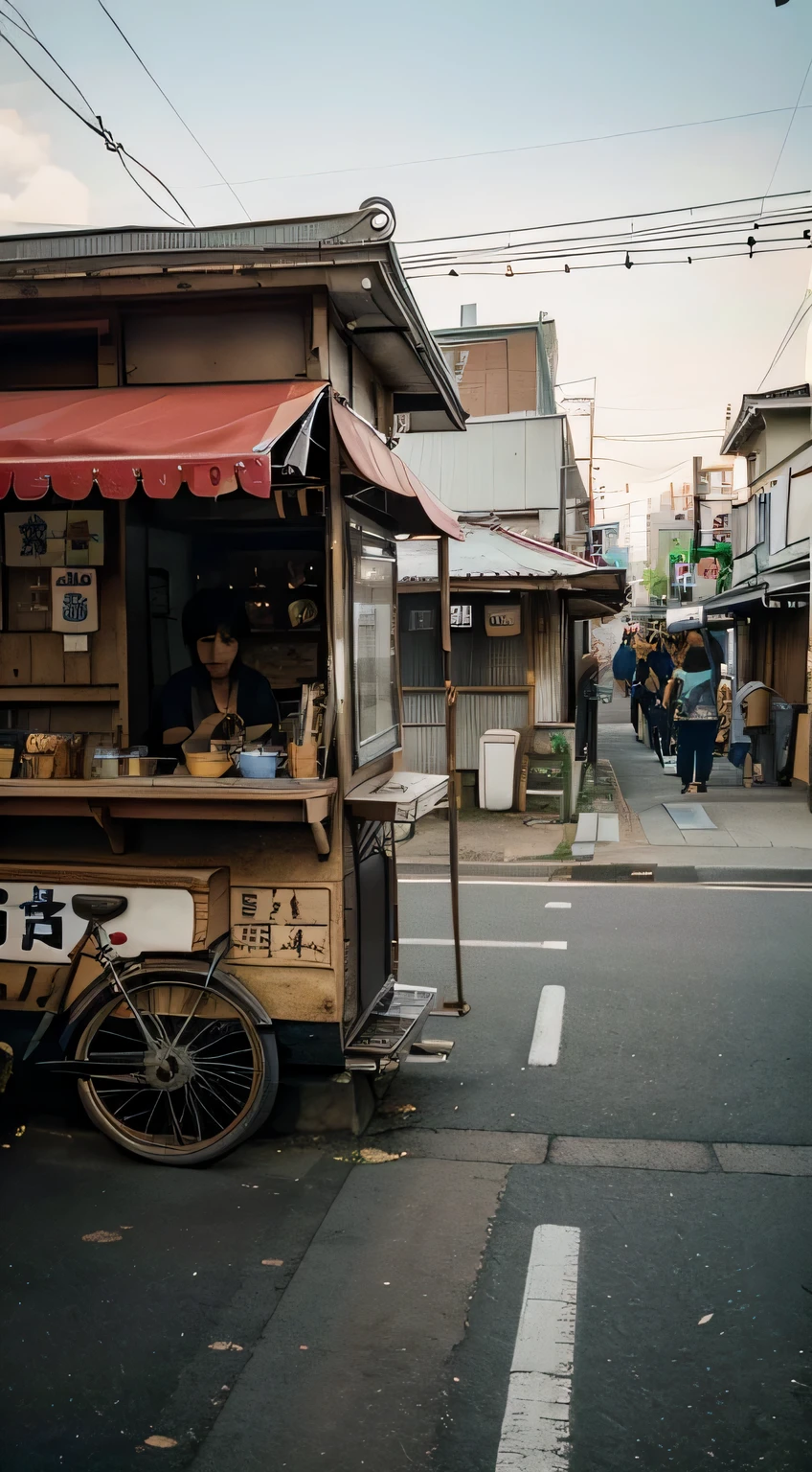 Capture an authentic snapshot of a quaint food cart in a small town in Tokyo using an iPhone. Emphasize the genuine phone-camera aesthetic, ensuring the image reflects the spontaneity and casual charm of a moment captured on a mobile device rather than a professional camera. The town looks very urban and poor.