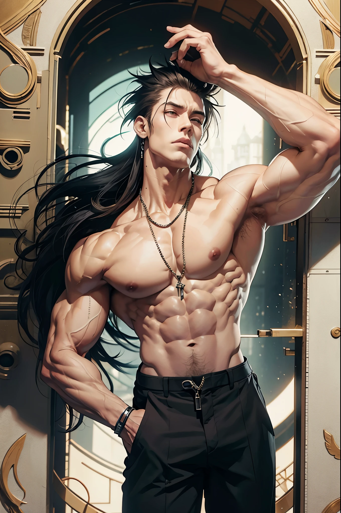 chico anime con un cuerpo musculoso y una camisa ajustada puesta, muscular!!, muscular character, Estilo baki! Blanco, alto!, Super buff y cool, musculatura, big biceps, Science-Fiction, Mysterious character, epica pose de anime, fuerte e imponente, pose fuerte, Arte de anime limpio y detallado, large musculatura