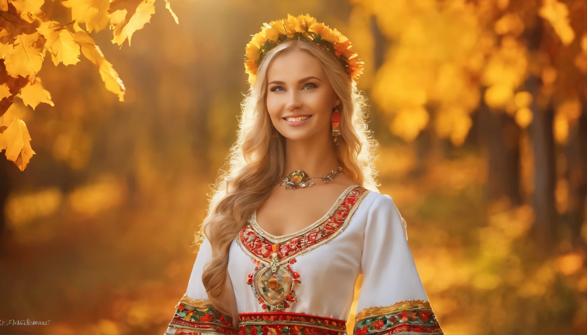 (best quality,4k,8k,highres,masterpiece:1.2),ultra-detailed,realistic, close-up of a smiling Ukrainian girl in a vibrant white national costume with the inscription "I love Ukraine". The girl has beautiful blonde hair and wears stunning makeup that enhances her features. Her eyes sparkle with joy, and her lips radiate a warm and welcoming smile. The costume has intricate embroidery and unique patterns that represent the rich Ukrainian culture. The girl's open neckline accentuates her graceful neck and adds a touch of elegance to the overall composition. The scene is set against a backdrop of breathtaking autumn colors, with vibrant red, orange, and golden leaves adorning the trees. The atmosphere is filled with the warm glow of a sunny day, enveloping the girl and highlighting her beauty. The composition captures the essence of Ukrainian pride, joy, and the love for their country. This artwork is created with the medium of an exquisite oil painting, allowing for meticulous brushstrokes and intricate details. The realistic rendering ensures that every aspect of the girl's appearance and the costume is captured authentically, reflecting the artist's attention to detail. The painting exhibits vivid colors that bring the entire composition to life,  it visually stunning. The lighting in the painting is carefully orchestrated, casting gentle rays of sunlight that softly illuminate the subject, creating depth and adding a touch of magic to the scene.