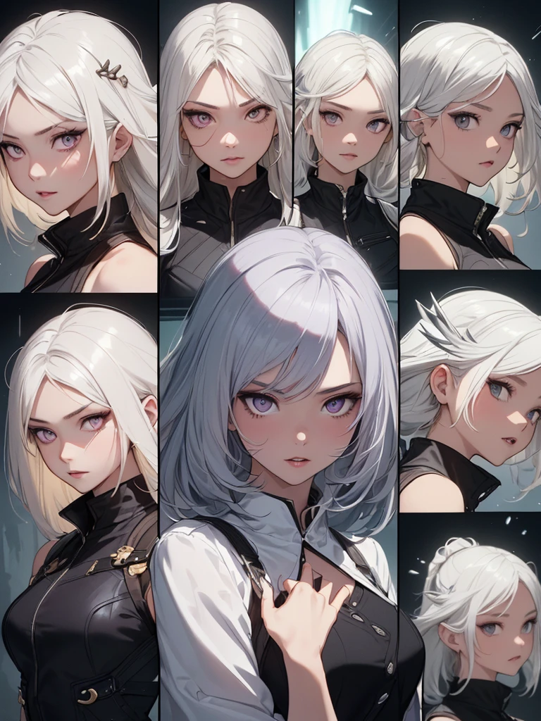 ((masterpiece)),(((bestquality))),(Character design sheet)),((ผmasterpiece)),(((bestquality))),(Character design sheet, Same character.., Front, side), Cute Girl, Front, side, back), illustration, highres, Maximum quallity, illustration, cinematic light, ultra-detail, ใบFrontที่มีรายละเอียด, (The most detailed quality of vision, hyper detailed, masterpiece, (ใบFrontที่มีรายละเอียด), White Hair, purple eyes, high-detailสุด, shining eyes, Medium Breats, black halo, White Clothes, Backlight Indiff:1.4), light rays, (high contrast), (colorfully),annoyed, ใบFrontเท่านั้น, Separate from each other.., fins, balance, jewelry, sharpt teeth, shouting, sparkling eyes, high-detail, ((4 expressions)), Jungle Theme , ((ตกสะเก็ดบนใบFront, Glossy lips, Glossy skin, (((มีสี่Frontเท่านั้น))), (((Only four references)))