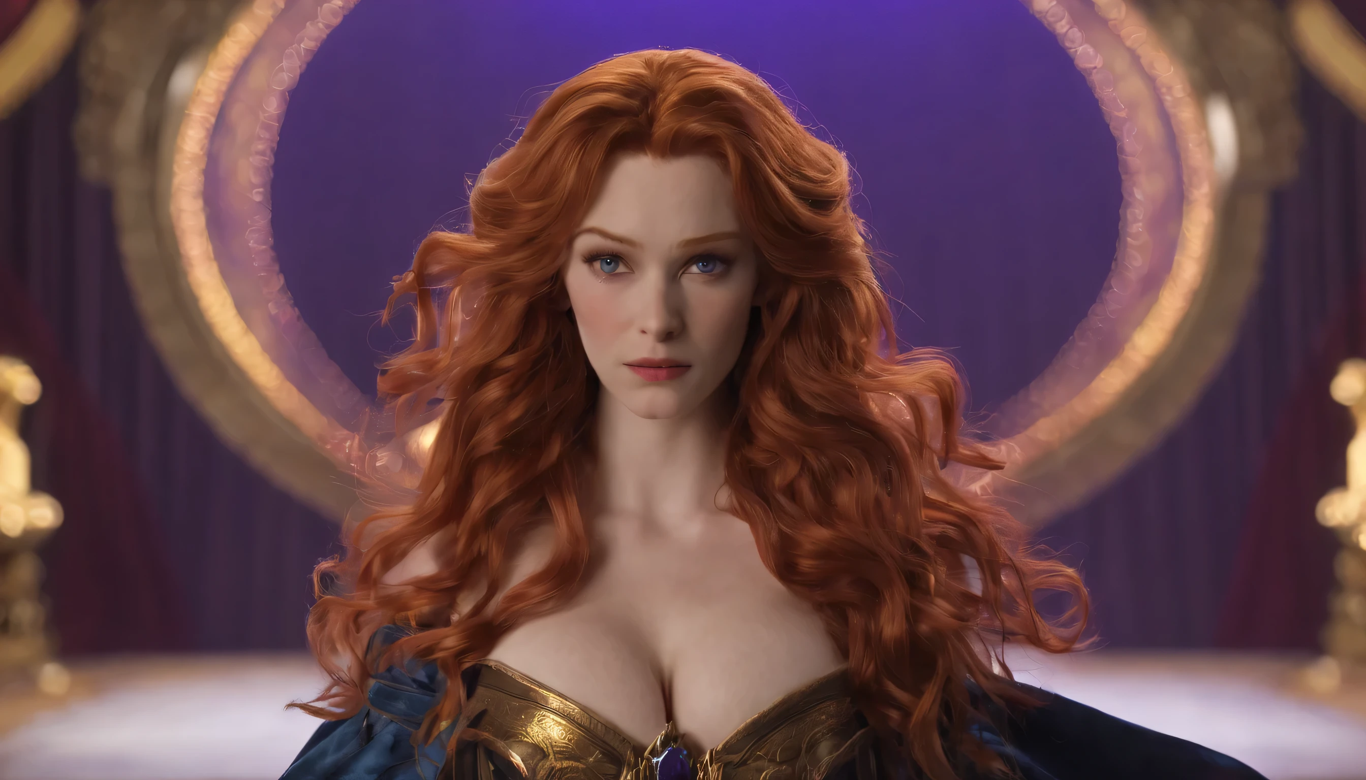 A beautiful alien female, Blue skin complexion Masterpiece beautiful face, long red curly hair sexy, attractive aboard her spaceship, adorned with elaborate jewelry, neckless and body jewelry gold and diamonds, observing the Stars breast exposed areolas full body, beautiful green eyes smiling photo realistic, highest quality 4K