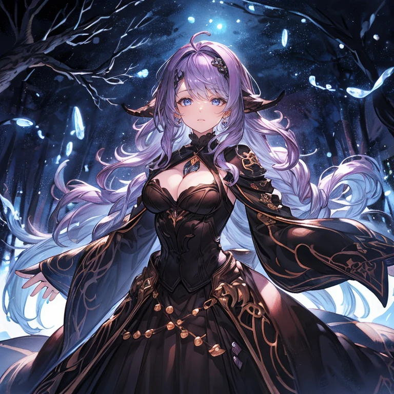 (best quality,4k,8k,highres,masterpiece:1.2),detailed,mysterious witch in a dark enchanted forest,beautiful detailed eyes,long wavy hair,floating in the air,dressed in a black cloak,holding a glowing crystal ball,in front of an old twisted tree,with eerie moonlight shining through the branches,creating a mystical atmosphere,dark and haunting,with vibrant colors and intense shadows,adding a touch of magic and enchantment to the scene.