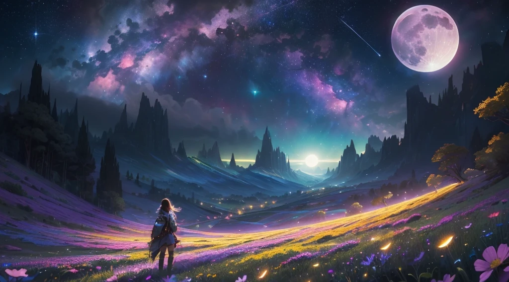 Vast landscape photo, (viewed from below, the sky is above and the open field is below), a girl standing on a cosmos flower field looking up, (full moon: 1.2), (meteor: 0.9), (nebula: 1.3), (Warm Light: 1.2), (Fireflies: 1.2), Lights, Lots of Purple and Orange, Intricate Details, Volumetric Lighting, Realism BREAK (Masterpiece: 1.2), (Best Quality), 4k, Ultra-Detailed, (Dynamic Composition: 1.4), Very Detailed, Colorful Details, (Rainbow Colors: 1.2), (Glow Lighting, Atmospheric Lighting), Dreamy, (Solo: 1.2)