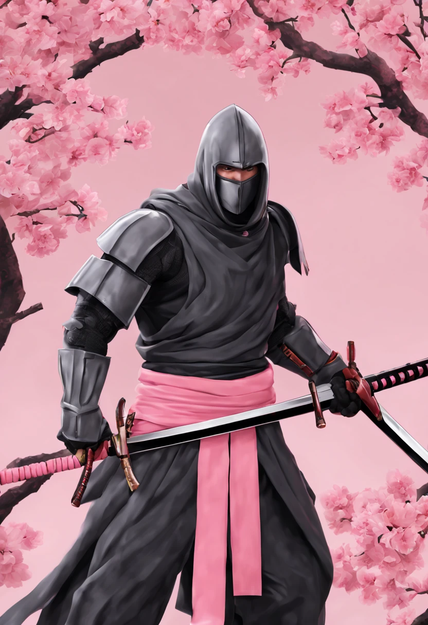 modern knight x ninja, long scarf, cherry blossom color, black accents, 6 feet tall, muscular, long katana, sakura pink katana, magma background