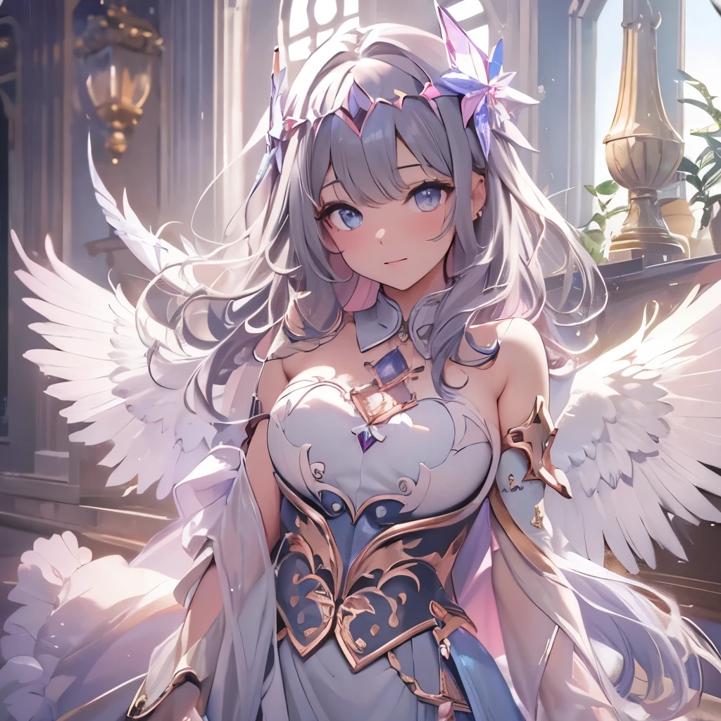 (masterpiece), 8k cg, stunningly beautiful girl, intricate details, chromatic aberration, ((bust shot)), ((looking at viewer)), 1girl, (KosekiBijou, hair ornament, white dress, strapless dress, crystal, detached sleeves, asymmetrical sleeves), extremely beautiful and delicate portrait, smile, blush, makeup, absurdres, cinematic lighting, dynamic lighting, fantasy, ((dark background, fog))