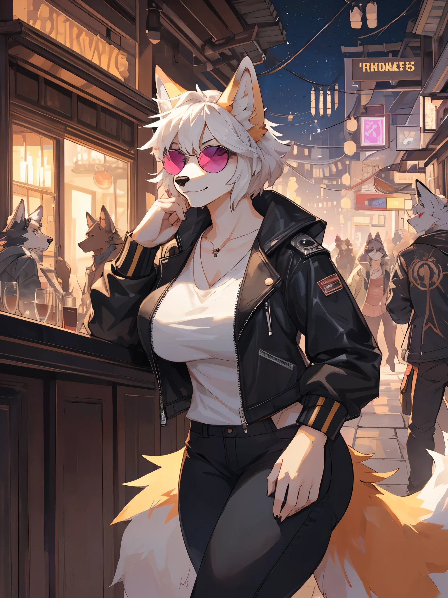 by bebebebebe, by spuydjeks, by spikedmauler, by moonrick, by asaneman, uploaded to e621, seductor, very detailed and beautiful, (female, anthro, anthro animal:1.1), 1girl, bar, night time, anthro fox girl, canine, canid, cute face, adorable face, feminine face structure, female, mature woman, hourglass figure, 1tail, short hairstyle, (thick thighs:1.1), (big breasts:1.1), BREAK, ((KD/A inspired outfit)), perfect posture), ((short hair)), ((round sunglasses)), ((fur jacket)), ((Pink leather jacket)) white hair, ((vibrant yellow fox)), pink eye color, ((KD/A)), cyberpunk