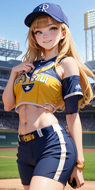 1girl in、Top image quality、Young Adult Women、hposing Gravure Idol、A slender、a blond、blue eyes、Stadium、cheer leading、cheerleaders、buruma、sneakers、A slender、realisticlying、ren、Correctly depict the structure of the human body、Anatomically correct depiction、beautiful foot、A slight smil、