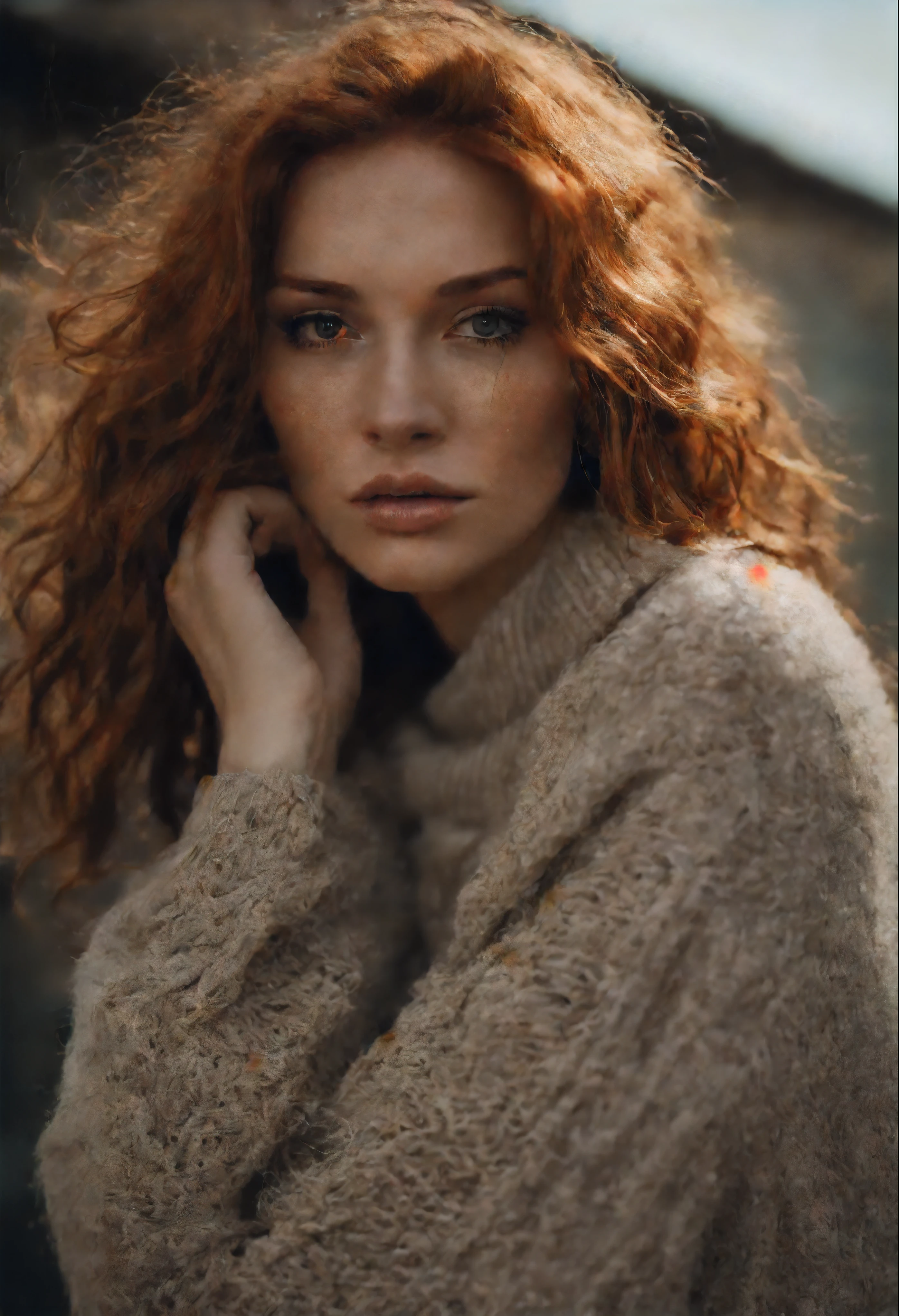 ((Full-Body Shot)),a photo of a gorgeous woman with loose styled full wavy redhead hair, bored, she is wearing a modern style hiclass knitted sweater, , mascara, (textured skin, skin pores:1.2), (moles:0.8), (imperfect skin:1.1), intricate details, goosebumps, flawless face, (light freckles:0.9), ((photorealistic):1.1), (raw, 8k:1.2), dark, muted colors, slate atmosphere, RAW candid cinema, 16mm, color graded portra 400 film, remarkable color, ultra realistic, textured skin, remarkable detailed pupils, realistic dull skin noise, visible skin detail, skin fuzz, dry skin, shot with cinematic camera, detailed skin texture, (blush:0.5), (goosebumps:0.5), subsurface scattering