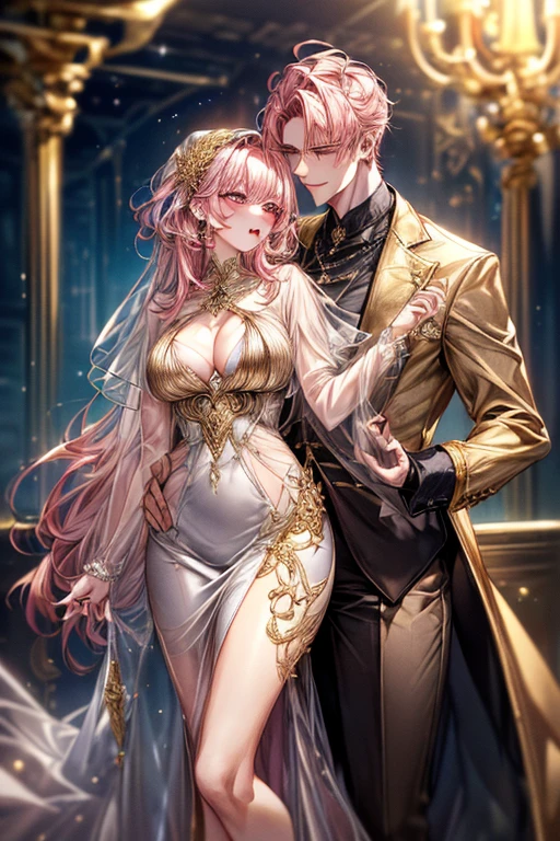 ((1male people:Piercing in one ear only,、(Golden hair)、tall、tall、Tall、a handsome、refreshing))、((1female:Pink hair、Long、short、Best style、F-cup、see-through sexy dress))、(((a couple、Flirting)))、