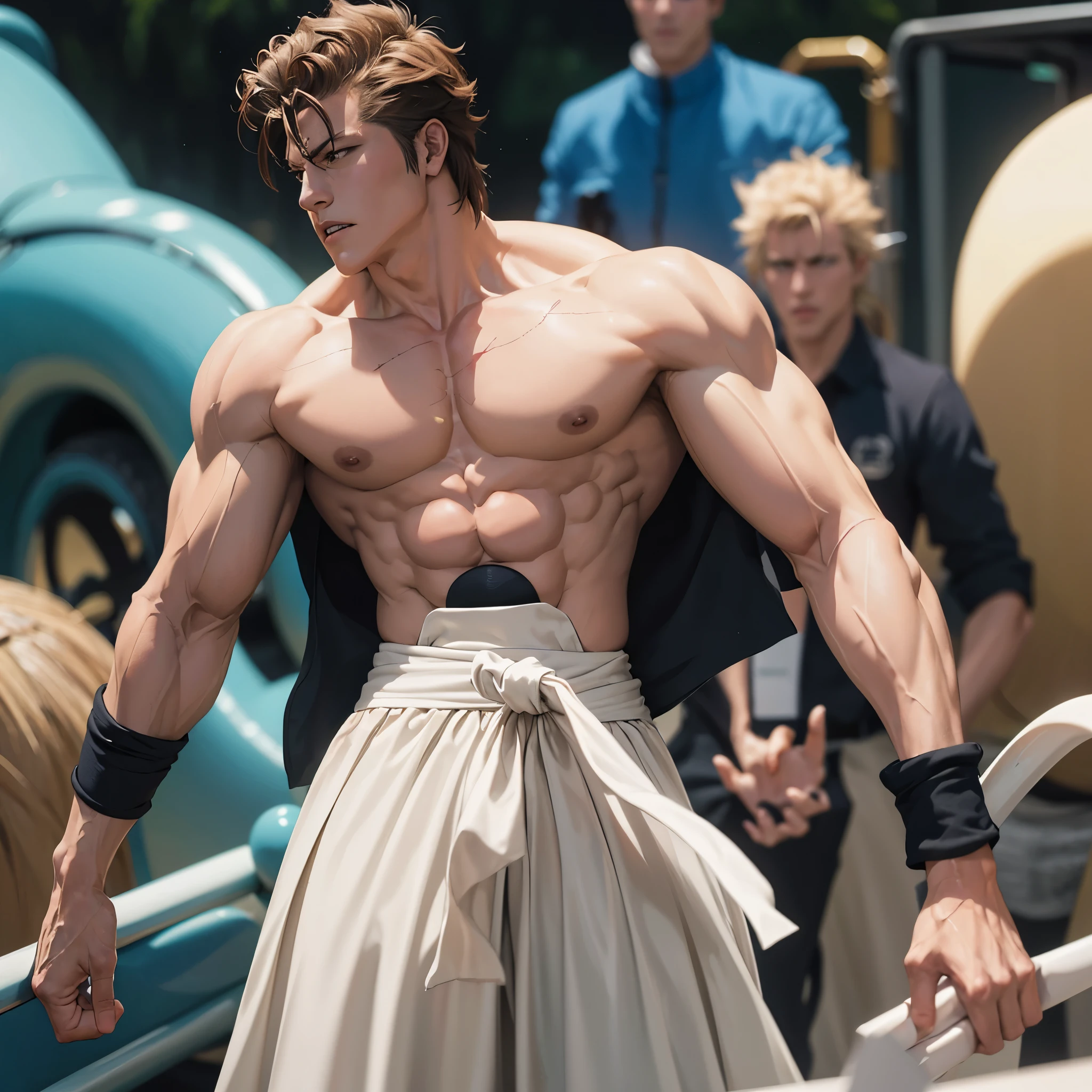 chico anime con un cuerpo musculoso y una camisa ajustada puesta, muscular!!, muscular character, Estilo baki, muscular! Blanco, muscular!!!, muscular!, Super buff y cool, musculatura, big biceps, muscular!! Science-Fiction, muscular characters, Hermosa pose de anime, fuerte e imponente, pose fuerte, Baki el garfio, Arte de anime limpio y detallado, large musculatura