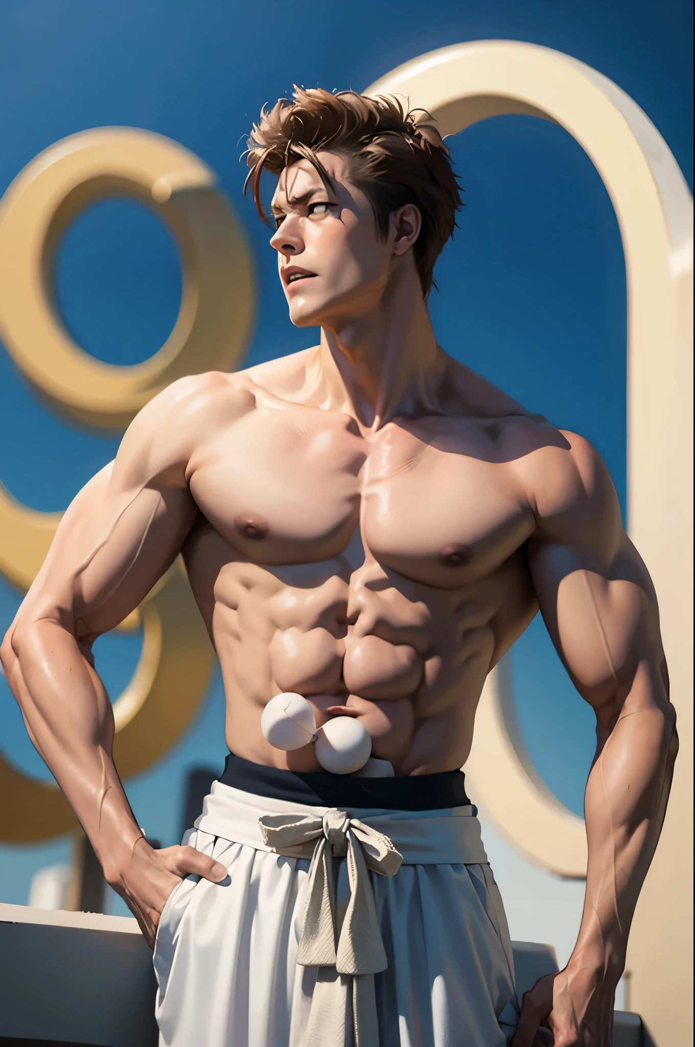 chico anime con un cuerpo musculoso y una camisa ajustada puesta, muscular!!, muscular character, Estilo baki, muscular! Blanco, muscular!!!, muscular!, Super buff y cool, musculatura, big biceps, muscular!! Science-Fiction, muscular characters, Hermosa pose de anime, fuerte e imponente, pose fuerte, Baki el garfio, Arte de anime limpio y detallado, large musculatura