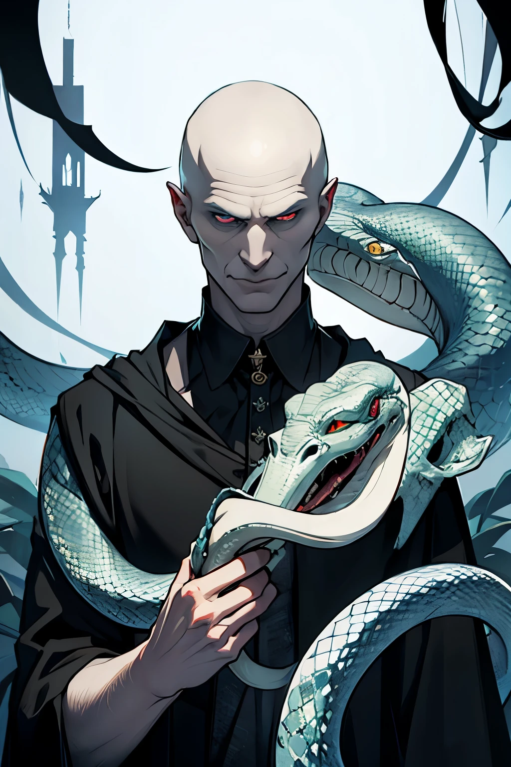 Make Lord Voldemort, without a nose, with the snake Nagini.