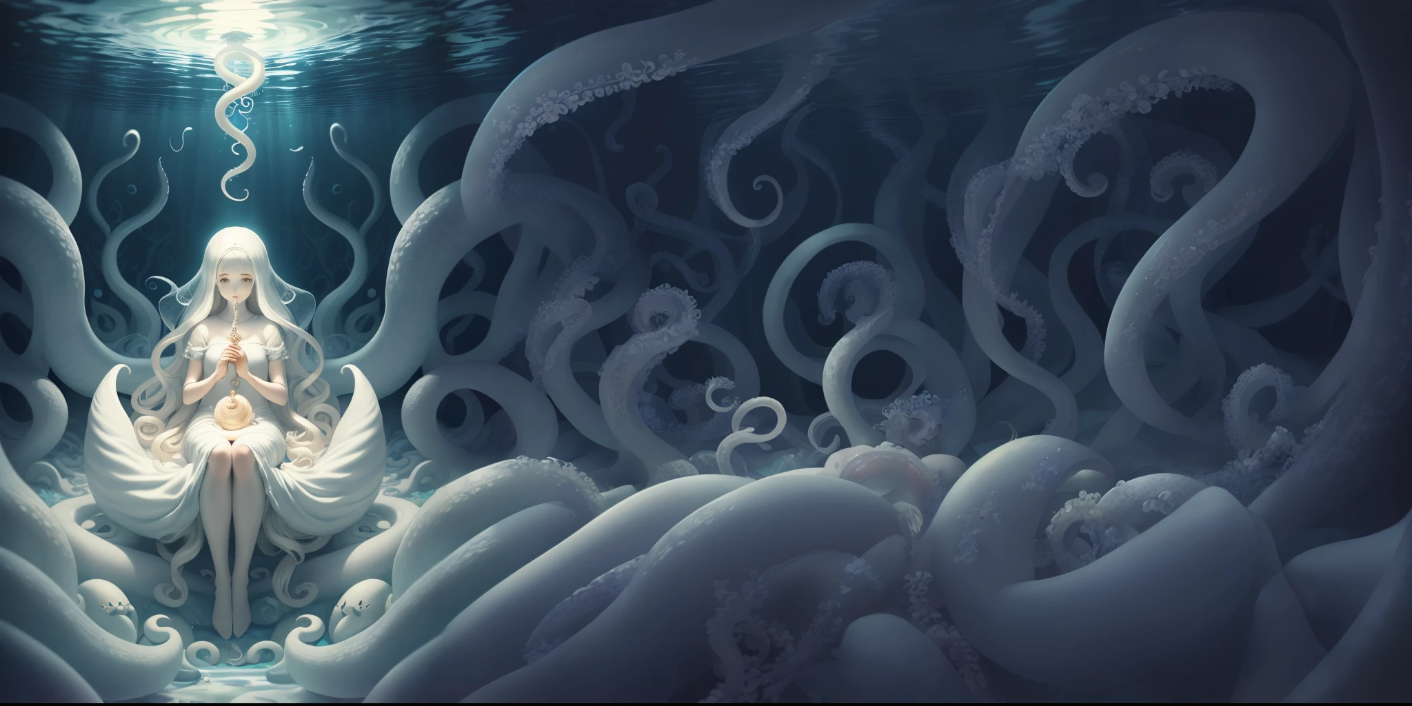 anime girl sitting on a giant octopus like bed with her hands in her lap, jellyfish priestess, anime fantasy illustration, octopus goddess, a beautiful artwork illustration, jellyfish shrine maiden, fine details. anime. tentacles, beautiful octopus woman, anime fantasy artwork, detailed digital anime art, beautiful digital artwork, 2. 5 d cgi anime fantasy artwork, white haired deity